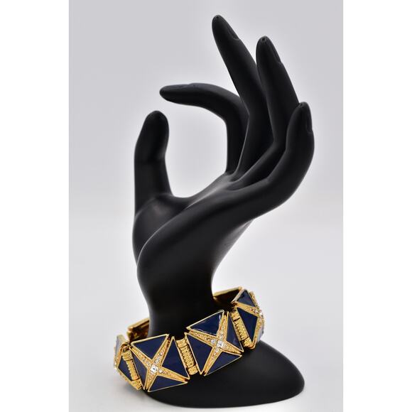 Hutton Wilkinson Vintage Bracelet Blue Enamel Bracelet Gold Crystal Signed BinO - Picture 7 of 12